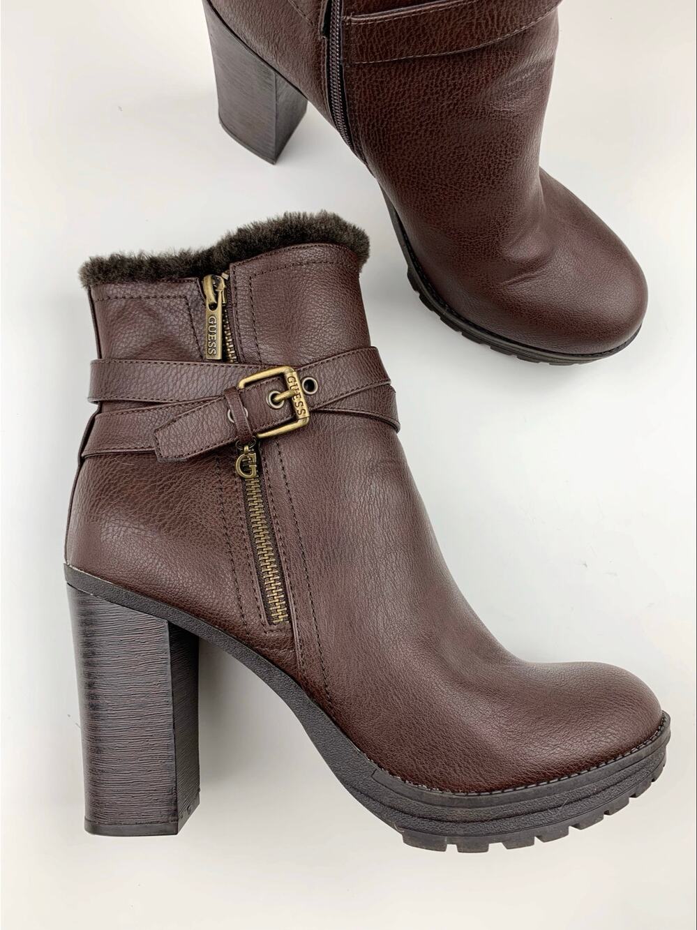 Guess Kavin Heeled Ankle Boots Brown Faux Leather Booties Lug Sole Women's 10